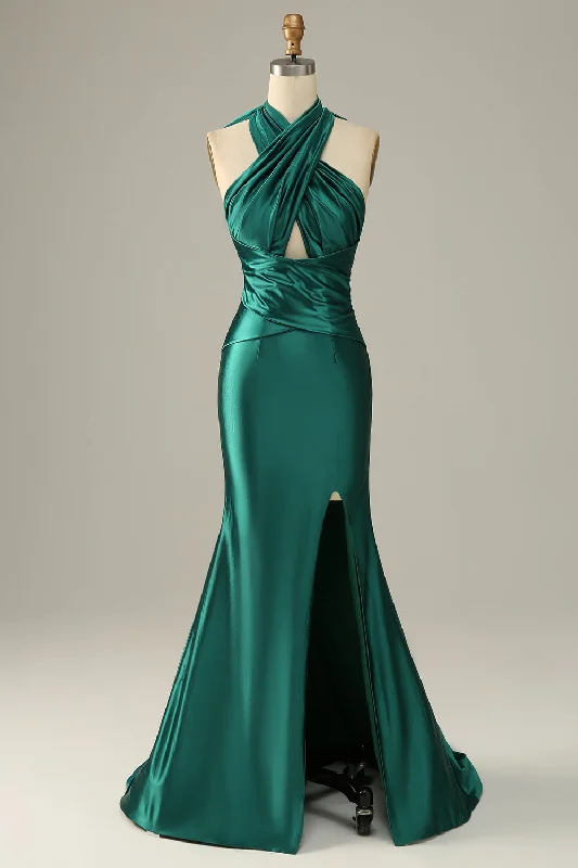 "Floral print dresses for women for a feminine look"Dark Green Halter Lace Up Mermaid Prom Dress With Slit "Floral print dresses for women for a feminine look"Dark Green Halter Lace Up Mermaid Prom Dress With Slit