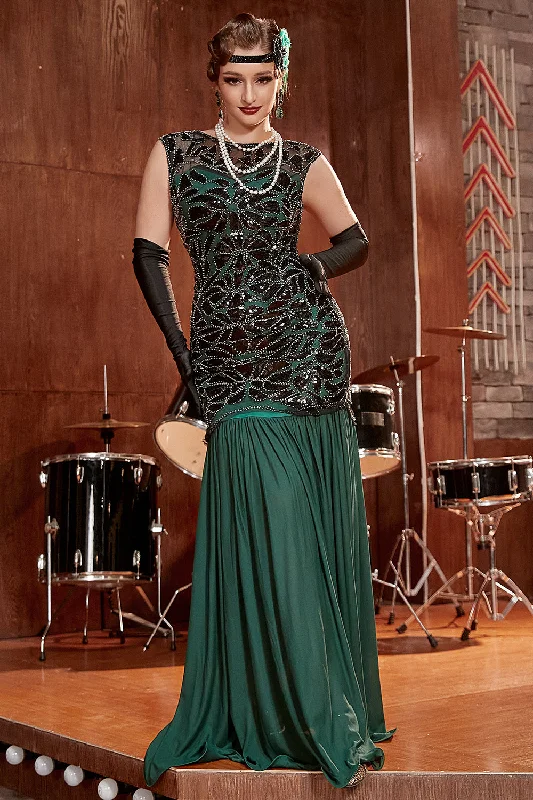 "T - shirt dresses for women for ultimate comfort"Dark Green Long 1920s Sequined Flapper Dress "T - shirt dresses for women for ultimate comfort"Dark Green Long 1920s Sequined Flapper Dress