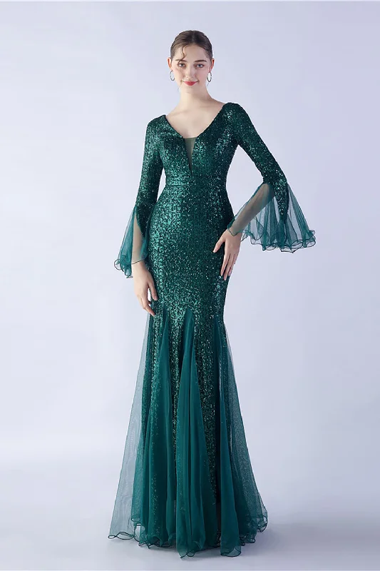 "Hurry! Limited Stock - Get Your Dream Dress with a Special Discount"Dark Green Sequin V-neck Long Sleeves Mermaid Formal Dress "Hurry! Limited Stock - Get Your Dream Dress with a Special Discount"Dark Green Sequin V-neck Long Sleeves Mermaid Formal Dress