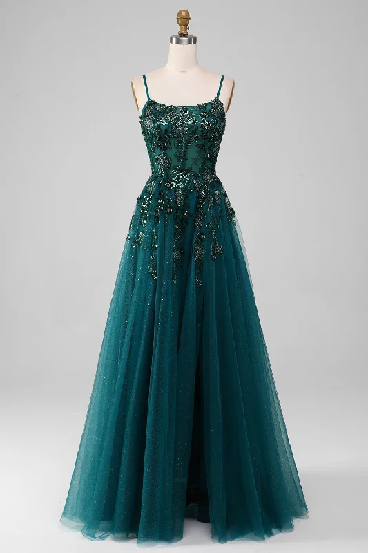 "Mini dresses for women for a youthful and trendy look"Dark Green Spaghetti Straps A Line Prom Dress with Slit "Mini dresses for women for a youthful and trendy look"Dark Green Spaghetti Straps A Line Prom Dress with Slit