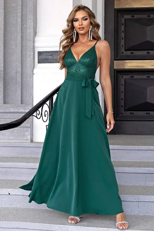 "Plus size formal dresses for women for special events"Dark Green Spaghetti Straps Sequin Holiday Dress With Slit