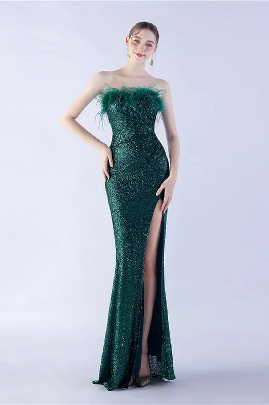 "Mother of the bride dresses for women in elegant styles"Dark Green Strapless Sequin Sheath Formal Dress with Feather "Mother of the bride dresses for women in elegant styles"Dark Green Strapless Sequin Sheath Formal Dress with Feather
