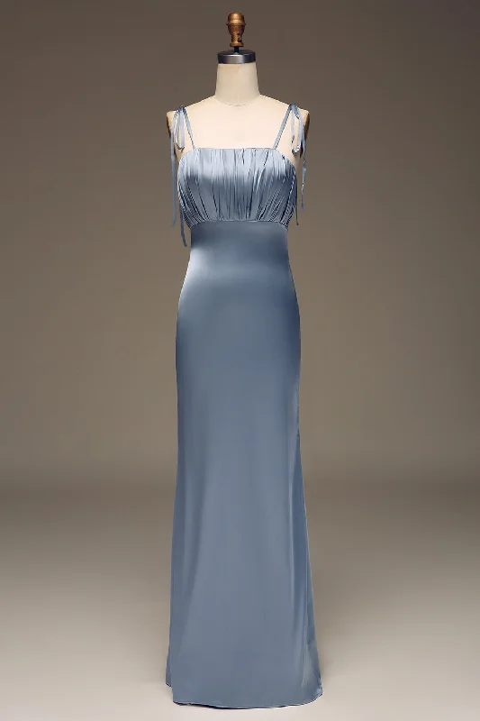 "Maxi dresses for women to wear in the fall"Dusty Blue Spaghetti Straps Sheath Satin Pleated Bridesmaid Dress "Maxi dresses for women to wear in the fall"Dusty Blue Spaghetti Straps Sheath Satin Pleated Bridesmaid Dress