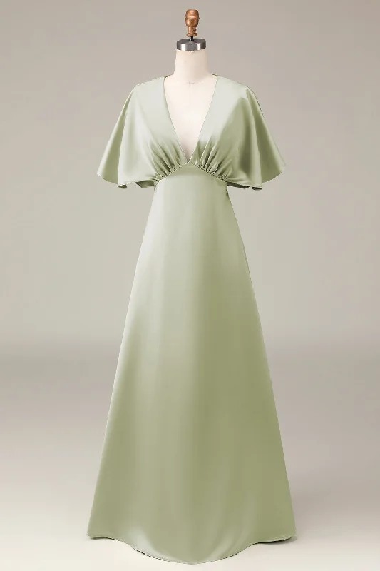 "Pleated dresses for women with a graceful movement"Dusty Sage V-neck Short Sleeves A-line Satin Bridesmaid Dress "Pleated dresses for women with a graceful movement"Dusty Sage V-neck Short Sleeves A-line Satin Bridesmaid Dress