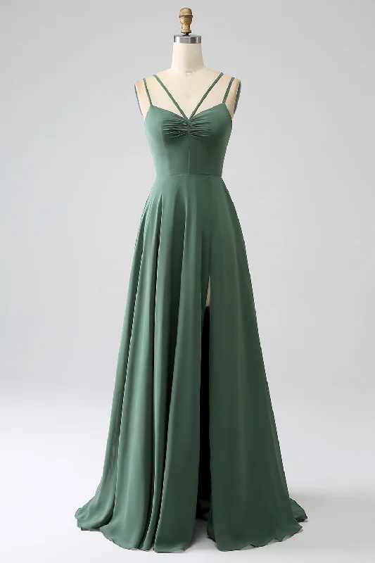 "Sustainable and eco - friendly women's dresses"Eucalyptus A-Line Spaghetti Straps Backless Pleated Long Bridesmaid Dress "Sustainable and eco - friendly women's dresses"Eucalyptus A-Line Spaghetti Straps Backless Pleated Long Bridesmaid Dress