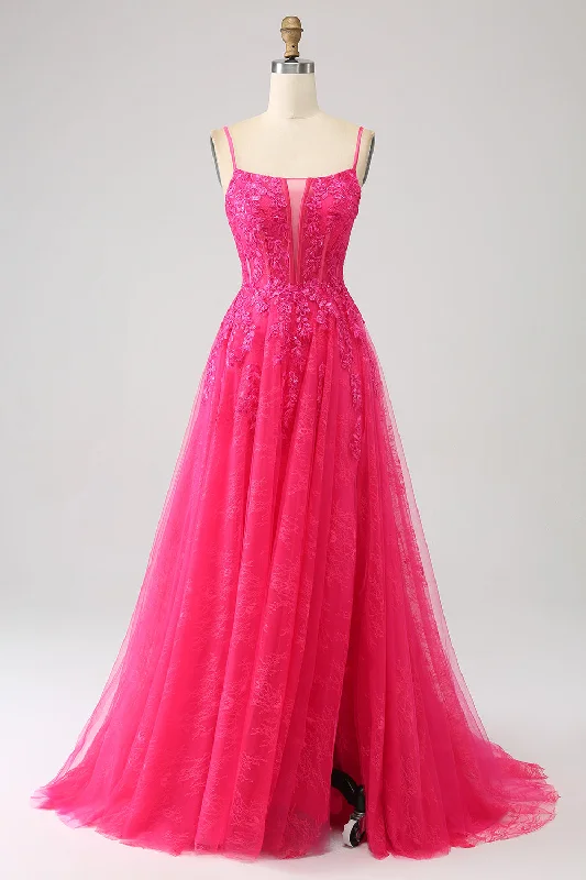 "Black dresses for women for a classic and timeless appearance"Fuchsia A-Line Corset Lace Long Prom Dress with Slit "Black dresses for women for a classic and timeless appearance"Fuchsia A-Line Corset Lace Long Prom Dress with Slit