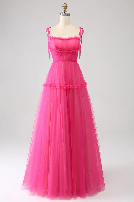 "Beach wedding dresses for women for a laid - back ceremony"Fuchsia A-Line Ruffled Long Tulle Prom Dress "Beach wedding dresses for women for a laid - back ceremony"Fuchsia A-Line Ruffled Long Tulle Prom Dress