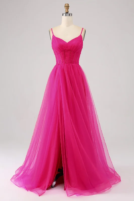 "Short dresses for women for a night out clubbing"Fuchsia A-Line Spaghetti Straps Long Corset Prom Dress with Slit "Short dresses for women for a night out clubbing"Fuchsia A-Line Spaghetti Straps Long Corset Prom Dress with Slit