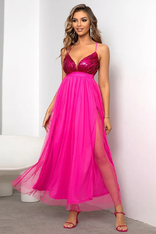 "Designer - inspired women's evening dresses"Fuchsia Deep V Neck A Line Sparkly Long Prom Dress With Slit "Designer - inspired women's evening dresses"Fuchsia Deep V Neck A Line Sparkly Long Prom Dress With Slit