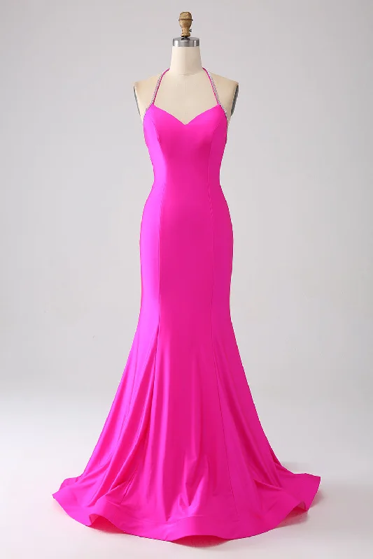 "Shirt dresses for women for a smart - casual style"Fuchsia Mermaid Halter Neck Backless Long Prom Dress "Shirt dresses for women for a smart - casual style"Fuchsia Mermaid Halter Neck Backless Long Prom Dress
