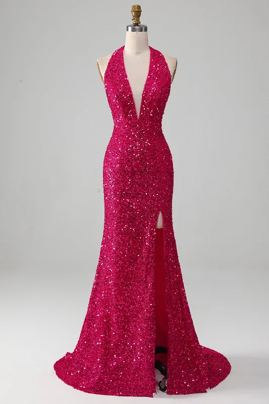 "VIP Sale: Extra 15% Off on Women's Dresses for Our Loyal Customers"Fuchsia Mermaid Halter Sequin Prom Dress With Slit "VIP Sale: Extra 15% Off on Women's Dresses for Our Loyal Customers"Fuchsia Mermaid Halter Sequin Prom Dress With Slit