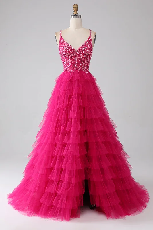 "Midi dresses for women with unique patterns"Fuchsia Princess A-Line Spaghetti Straps Sequin Tiered Long Prom Dress with Slit "Midi dresses for women with unique patterns"Fuchsia Princess A-Line Spaghetti Straps Sequin Tiered Long Prom Dress with Slit