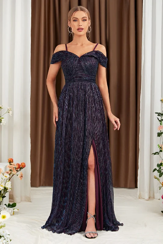 "Pleated dresses for women with a graceful movement"Glitter A-Line Purple Prom Dress with Shoulder "Pleated dresses for women with a graceful movement"Glitter A-Line Purple Prom Dress with Shoulder