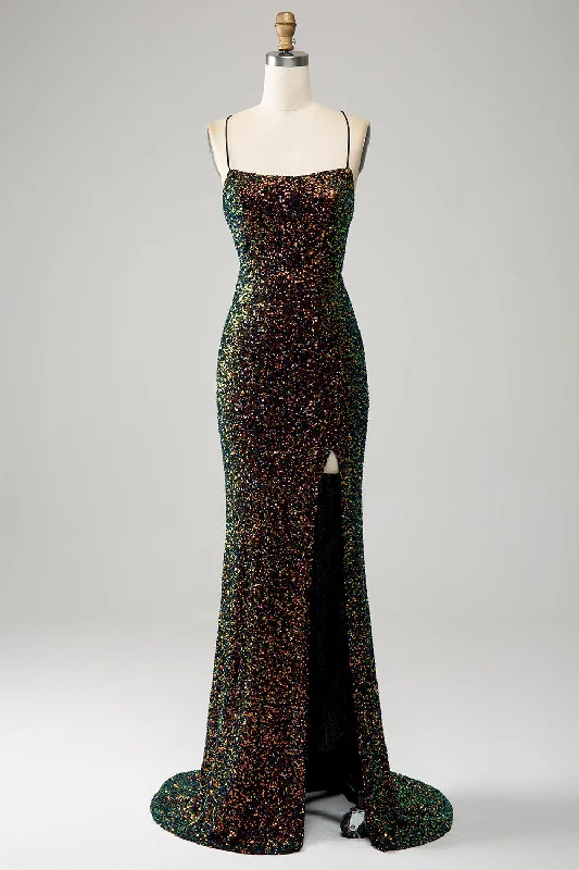 "Designer - inspired women's evening dresses"Glitter Black Spaghetti Straps Sequins Mermaid Prom Dress with Slit