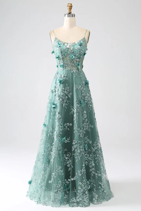 "Polka dot dresses for women with a retro vibe"Glitter Grey Green Spaghetti Straps Lace Flower Long Corset Prom Dress "Polka dot dresses for women with a retro vibe"Glitter Grey Green Spaghetti Straps Lace Flower Long Corset Prom Dress