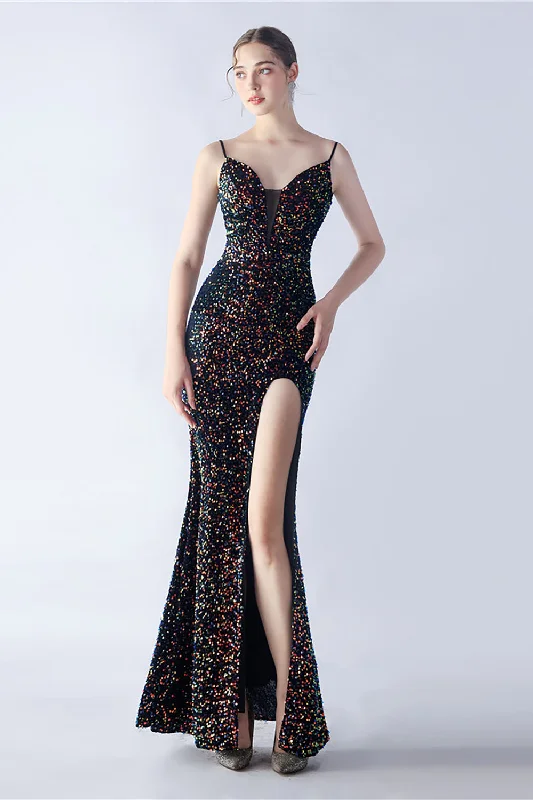 "Seasonal Sale: Save Big on Women's Dresses for Every Occasion"Glitter Mermaid Spaghetti Straps Beaded Symphony Black Formal Dress With Side Slit "Seasonal Sale: Save Big on Women's Dresses for Every Occasion"Glitter Mermaid Spaghetti Straps Beaded Symphony Black Formal Dress With Side Slit