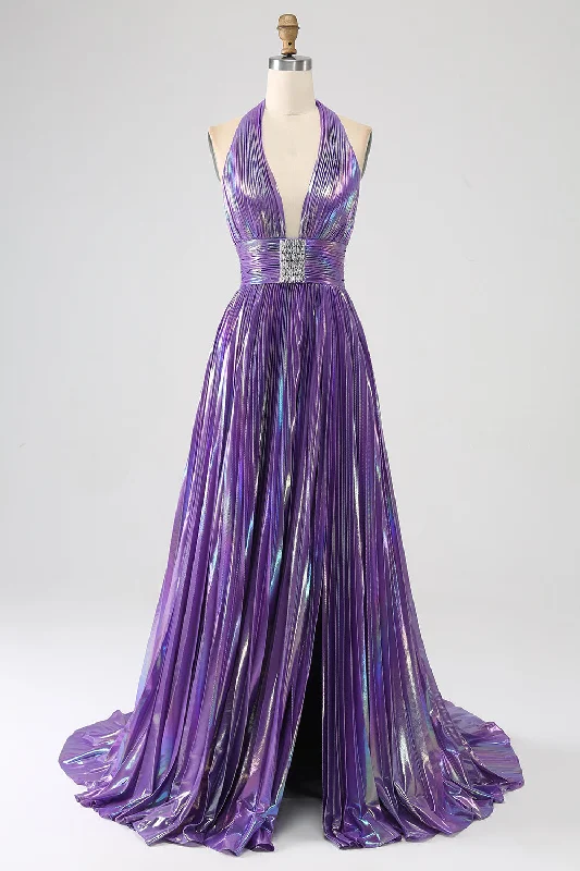 "Homecoming dresses for women to stand out"Glitter Purple Pleated Metallic Long Prom Dress with Slit "Homecoming dresses for women to stand out"Glitter Purple Pleated Metallic Long Prom Dress with Slit