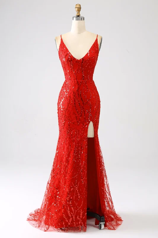 "Plus size wedding dresses for women with a perfect fit"Glitter Red Mermaid Long Sequins Prom Dress with Slit "Plus size wedding dresses for women with a perfect fit"Glitter Red Mermaid Long Sequins Prom Dress with Slit