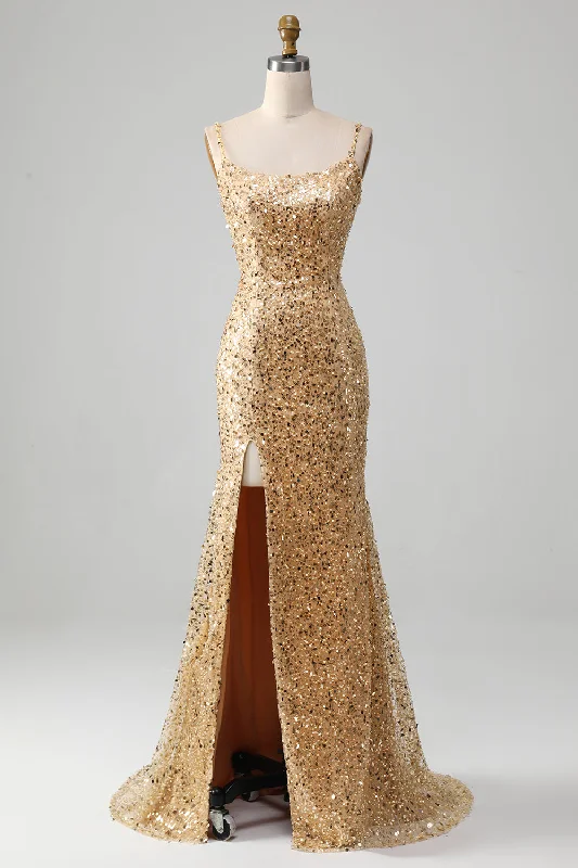 "Bundle and Save: Buy Multiple Women's Dresses and Get a Discount"Golden Mermaid Spaghetti Straps Sequined Prom Dress With Slit "Bundle and Save: Buy Multiple Women's Dresses and Get a Discount"Golden Mermaid Spaghetti Straps Sequined Prom Dress With Slit