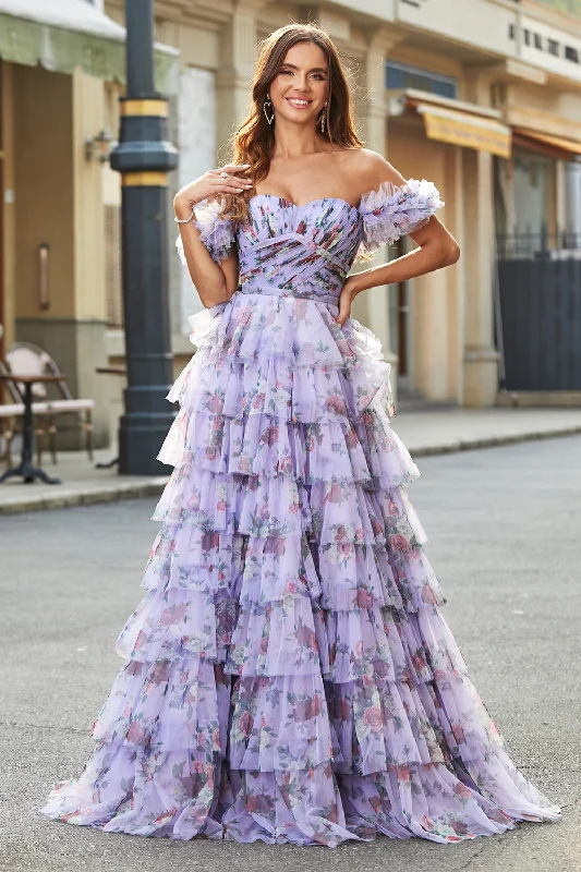 "Mother of the groom dresses for women in sophisticated designs"Gorgeous A Line Off the Shoulder Lavender Printed Long Prom Dress with Ruffles