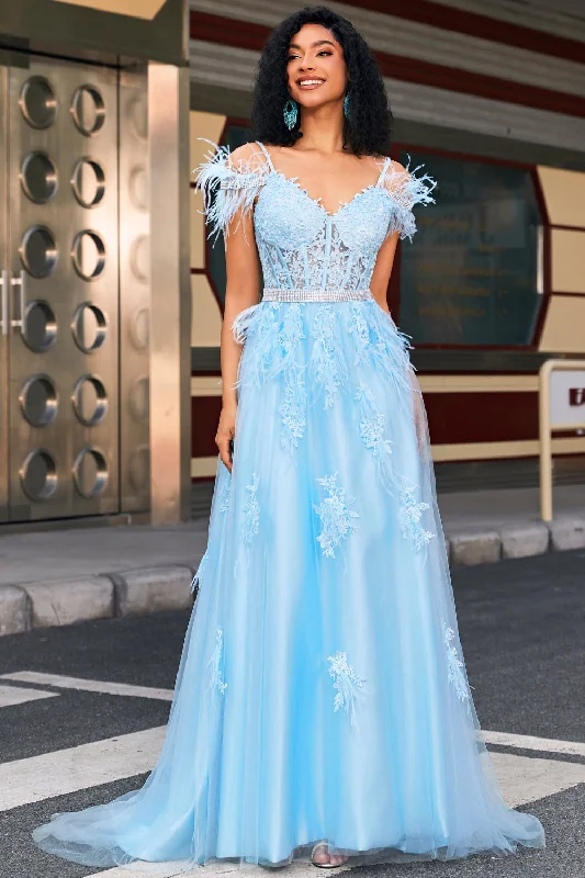 "Sustainable and eco - friendly women's dresses"Gorgeous A Line Off the Shoulder Light Blue Corset Prom Dress with Feather "Sustainable and eco - friendly women's dresses"Gorgeous A Line Off the Shoulder Light Blue Corset Prom Dress with Feather