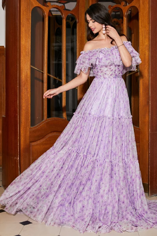 "Flash Sale: Grab Your Favorite Women's Dresses at Unbeatable Prices!"Gorgeous A Line Off the Shoulder Lilac Floral Long Prom Dress with Ruffles "Flash Sale: Grab Your Favorite Women's Dresses at Unbeatable Prices!"Gorgeous A Line Off the Shoulder Lilac Floral Long Prom Dress with Ruffles