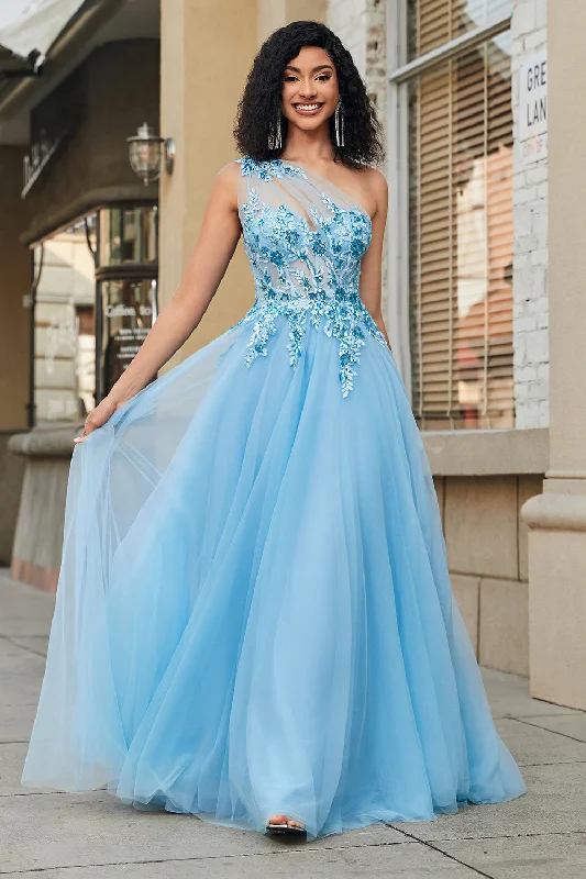 "Mother of the groom dresses for women in sophisticated designs"Gorgeous A Line One Shoulder Light Blue Corset Prom Dress with Appliques "Mother of the groom dresses for women in sophisticated designs"Gorgeous A Line One Shoulder Light Blue Corset Prom Dress with Appliques
