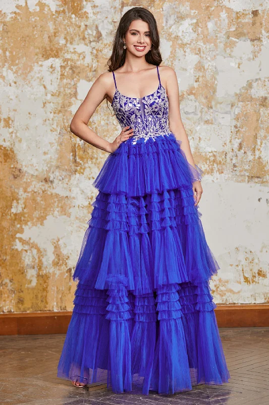 "Petite women's dresses with flattering fits"Gorgeous A Line Spaghetti Straps Royal Blue Long Prom Dress with Ruffles Appliques "Petite women's dresses with flattering fits"Gorgeous A Line Spaghetti Straps Royal Blue Long Prom Dress with Ruffles Appliques