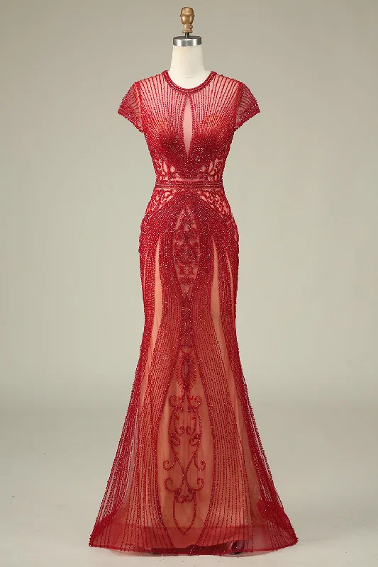 "Boho wedding dresses for women for a free - spirited vibe"Gorgeous Mermaid Jewel Neck Burgundy Prom Dress with Beading "Boho wedding dresses for women for a free - spirited vibe"Gorgeous Mermaid Jewel Neck Burgundy Prom Dress with Beading