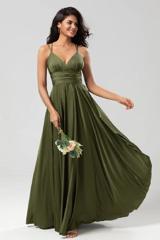 "Affordable plus size women's summer dresses"Grand Beauty A Line Spaghetti Straps Olive Long Bridesmaid Dress with Ruffles "Affordable plus size women's summer dresses"Grand Beauty A Line Spaghetti Straps Olive Long Bridesmaid Dress with Ruffles