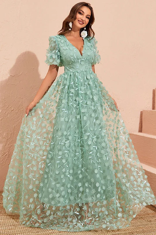 "T - shirt dresses for women for ultimate comfort"Green A Line Puff Sleeves Prom Dress with Appliques "T - shirt dresses for women for ultimate comfort"Green A Line Puff Sleeves Prom Dress with Appliques