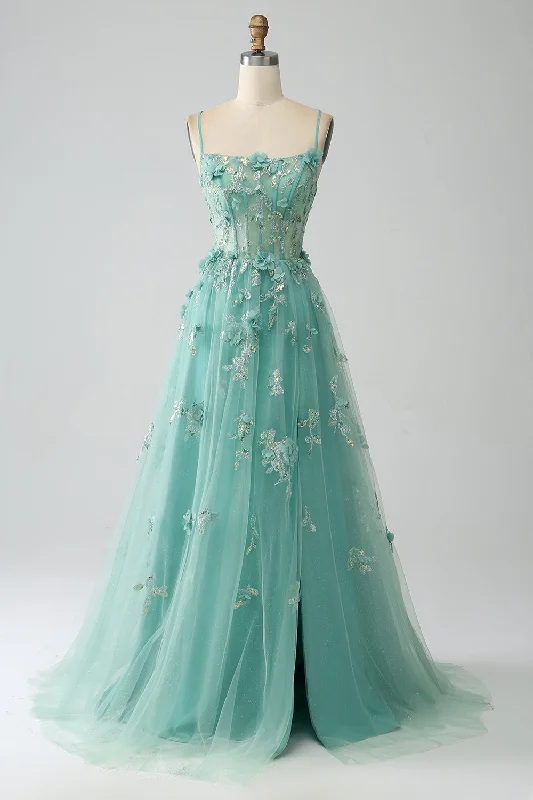 "Boho wedding dresses for women for a free - spirited vibe"Green A-Line Spaghetti Straps Long Corset Prom Dress with Appliques "Boho wedding dresses for women for a free - spirited vibe"Green A-Line Spaghetti Straps Long Corset Prom Dress with Appliques