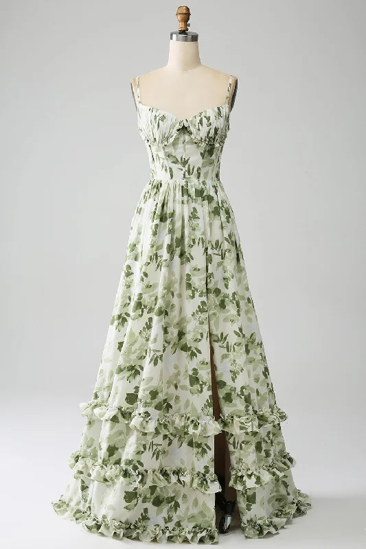 "Satin dresses for women for a luxurious appearance"Green A-Line Spaghetti Straps Printed Pleated Long Prom Dress With Slit