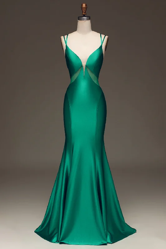 "Satin dresses for women for a luxurious appearance"Green Deep V-neck Satin Mermaid Prom Dress with Lace-up Back "Satin dresses for women for a luxurious appearance"Green Deep V-neck Satin Mermaid Prom Dress with Lace-up Back