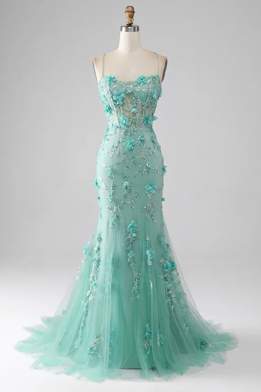"Lace dresses for women for a romantic and elegant look"Green Mermaid Spaghetti Straps Long Prom Dress with Appliques "Lace dresses for women for a romantic and elegant look"Green Mermaid Spaghetti Straps Long Prom Dress with Appliques