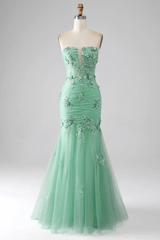 "Satin dresses for women for a luxurious appearance"Green Mermaid Strapless Tulle Long Prom Dress with Appliques "Satin dresses for women for a luxurious appearance"Green Mermaid Strapless Tulle Long Prom Dress with Appliques