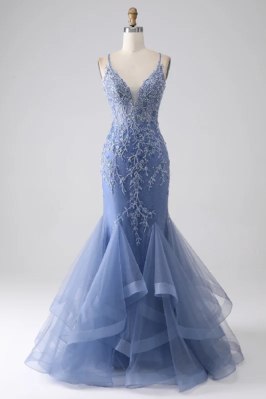 "Sequined dresses for women to shine at parties"Grey Blue Mermaid Spaghetti Strap Beaded Backless Prom Dress With Appliques
