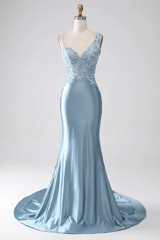"Seasonal Sale: Save Big on Women's Dresses for Every Occasion"Grey Blue Mermaid Spaghetti Straps Long Beaded Prom Dress With Appliques "Seasonal Sale: Save Big on Women's Dresses for Every Occasion"Grey Blue Mermaid Spaghetti Straps Long Beaded Prom Dress With Appliques