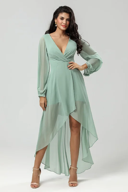 "Homecoming dresses for women to stand out"High-low Chiffon A Line Green Bridesmaid Dress with Long Sleeves "Homecoming dresses for women to stand out"High-low Chiffon A Line Green Bridesmaid Dress with Long Sleeves