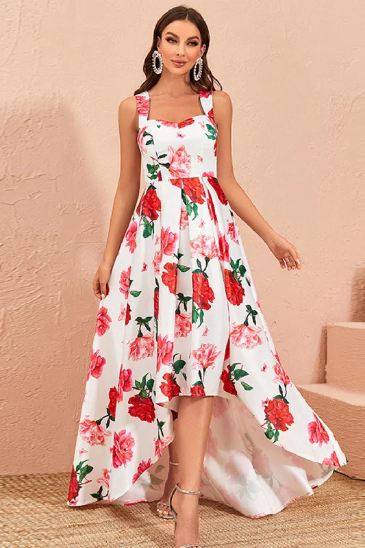 "Graduation dresses for women to celebrate in style"High-low White Floral Print Prom Dress with Ruffles "Graduation dresses for women to celebrate in style"High-low White Floral Print Prom Dress with Ruffles