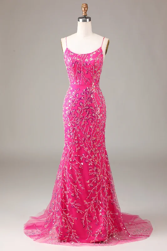 "Petite women's dresses with flattering fits"Hot Pink Sequins & Beaded Mermaid Prom Dress with Backless "Petite women's dresses with flattering fits"Hot Pink Sequins & Beaded Mermaid Prom Dress with Backless