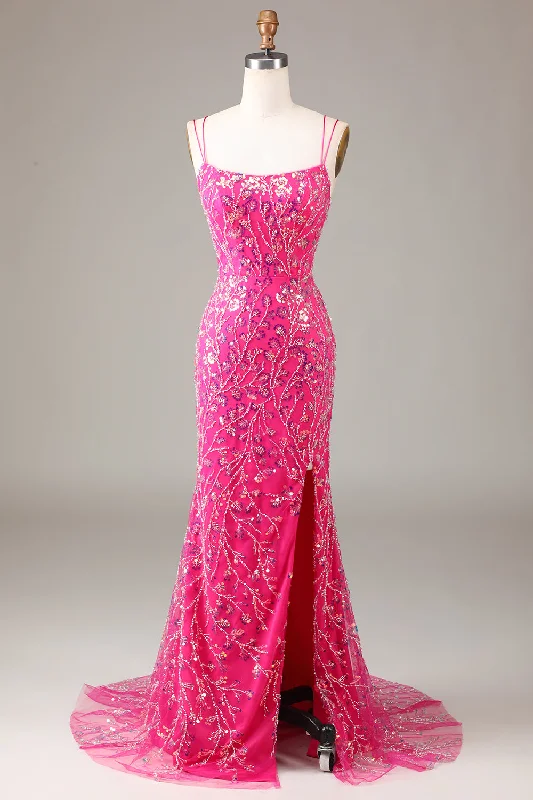 "Vintage - look women's dresses for a retro charm"Hot Pink Sequins & Beaded Mermaid Prom Dress with Slit "Vintage - look women's dresses for a retro charm"Hot Pink Sequins & Beaded Mermaid Prom Dress with Slit