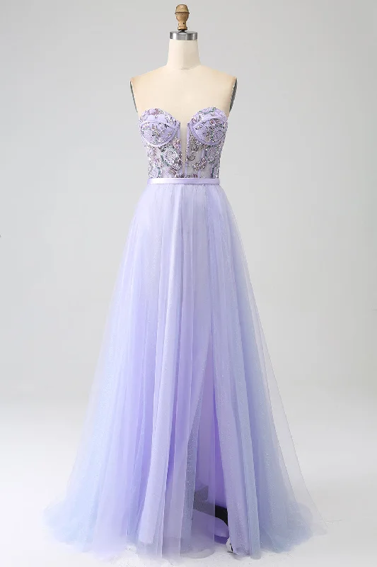 "Comfortable maternity dresses for pregnant women"Lavender A Line Tulle Corset Prom Dress with Slit "Comfortable maternity dresses for pregnant women"Lavender A Line Tulle Corset Prom Dress with Slit