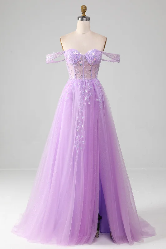 "Hurry! Limited Stock - Get Your Dream Dress with a Special Discount"Lavender A Line Tulle Off the Shoulder Prom Dress with Slit "Hurry! Limited Stock - Get Your Dream Dress with a Special Discount"Lavender A Line Tulle Off the Shoulder Prom Dress with Slit