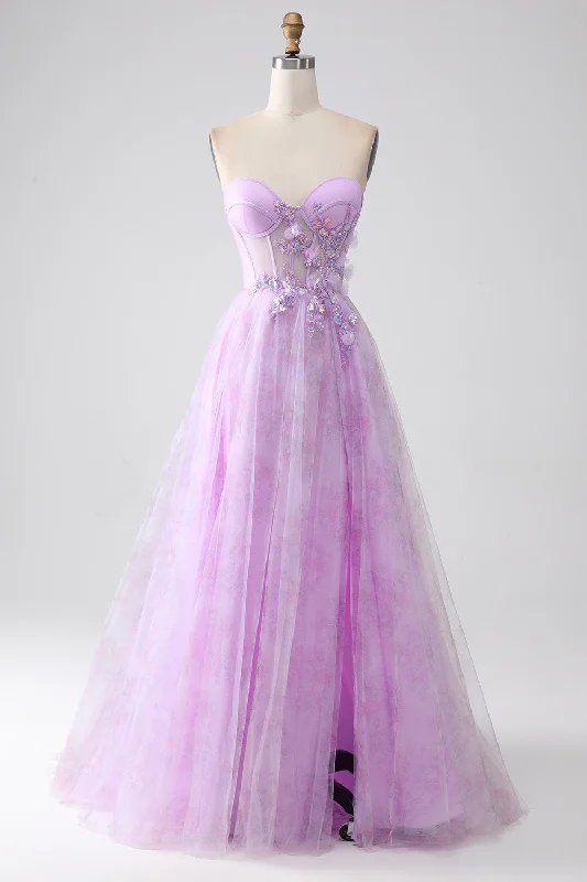 "Pleated dresses for women with a graceful movement"Lavender Printed Strapless Corset Prom Dress with Beading "Pleated dresses for women with a graceful movement"Lavender Printed Strapless Corset Prom Dress with Beading