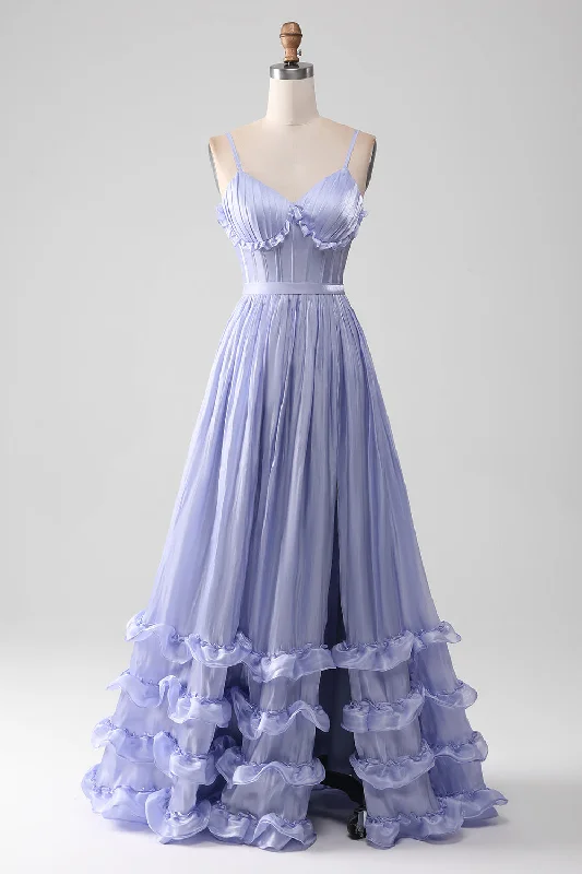 "Elegant wedding guest dresses for women under $100"Lavender Spaghetti Straps A Line Ruffles Prom Dress with Slit "Elegant wedding guest dresses for women under $100"Lavender Spaghetti Straps A Line Ruffles Prom Dress with Slit
