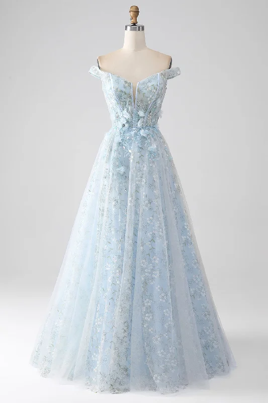 "Ruffled dresses for women for added femininity"Light Blue A-Line Off the Shoulder Long Corset Prom Dress "Ruffled dresses for women for added femininity"Light Blue A-Line Off the Shoulder Long Corset Prom Dress