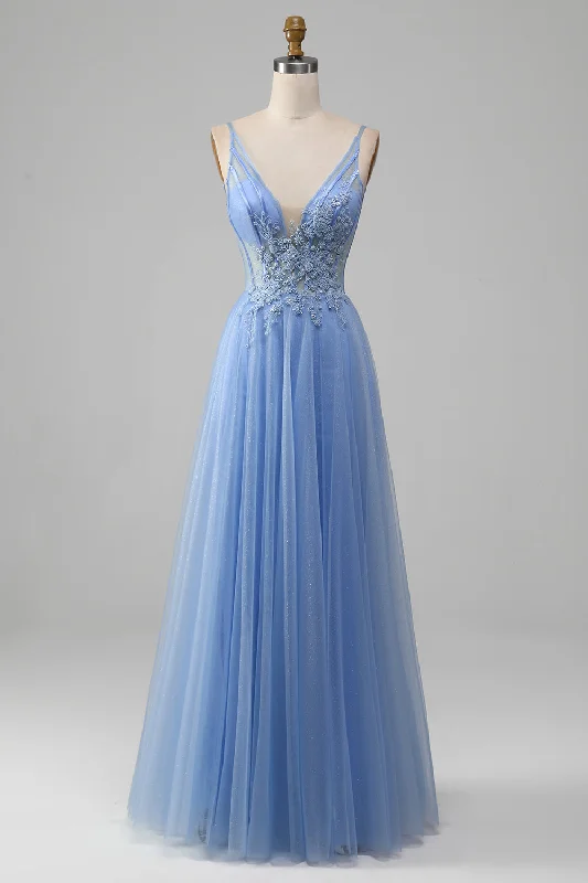 "Off - shoulder dresses for women to show off collarbones"Light Blue A-Line V Neck Tulle Prom Dress With Appliques "Off - shoulder dresses for women to show off collarbones"Light Blue A-Line V Neck Tulle Prom Dress With Appliques