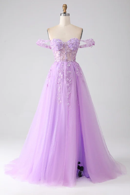 "Sleeveless dresses for women during hot summer days"Light Purple A-Line Off The Shoulder Beaded Corset Prom Dress "Sleeveless dresses for women during hot summer days"Light Purple A-Line Off The Shoulder Beaded Corset Prom Dress