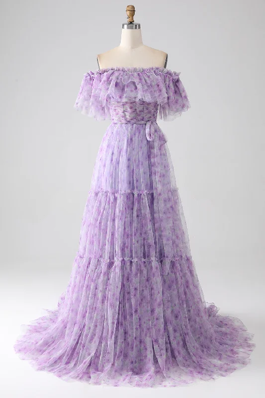 "Mini dresses for women for a youthful and trendy look"Lilac Floral Off the Shoulder Long Ruffled Prom Dress "Mini dresses for women for a youthful and trendy look"Lilac Floral Off the Shoulder Long Ruffled Prom Dress